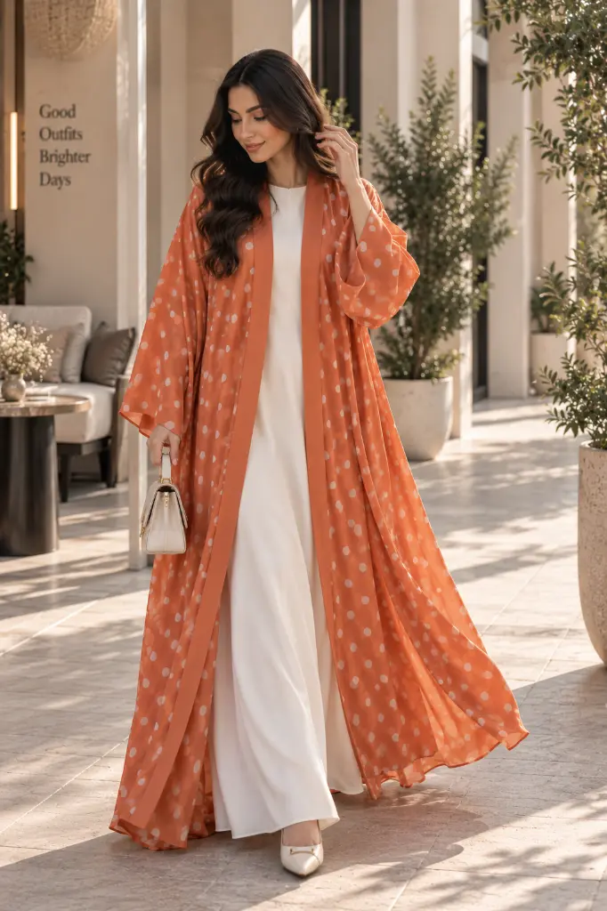 Terracotta Polka-Dot Abaya Courtyard Walk.webp