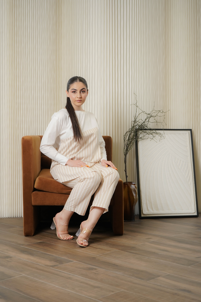 Cotton Beige & white Set ( Pant & Top )