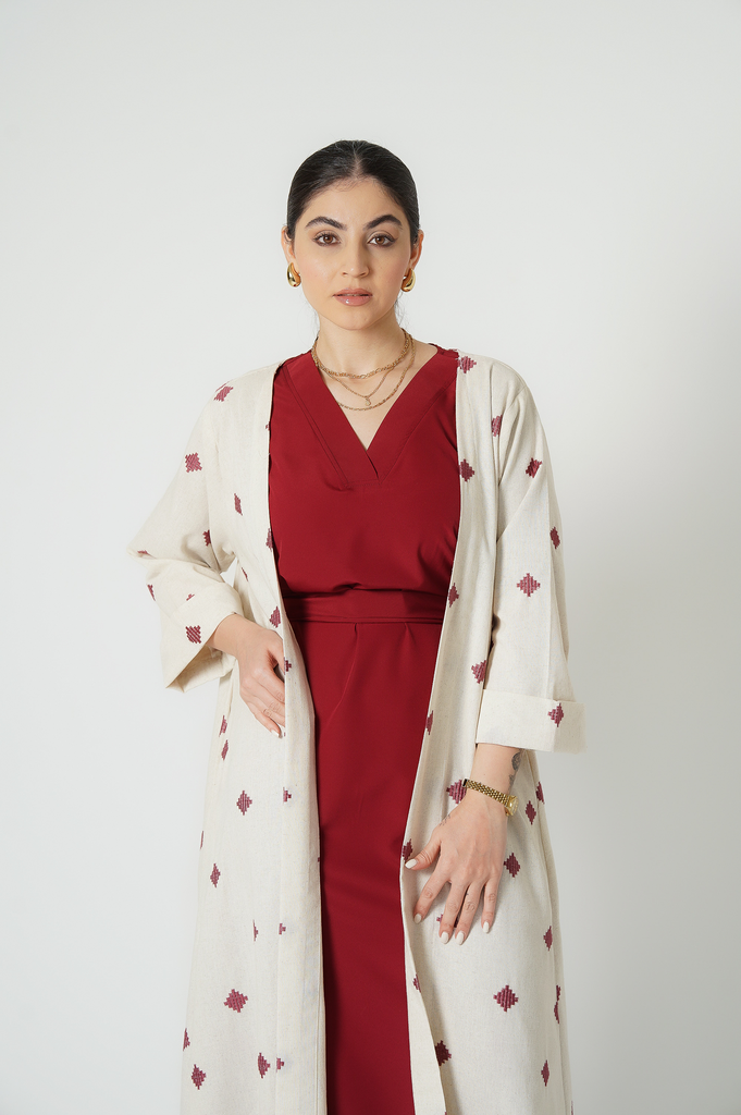 Beige Linen Rayon Abaya Set 