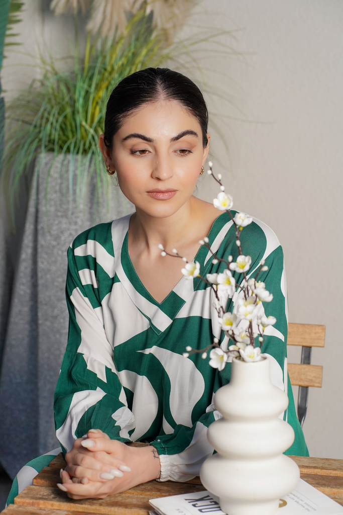 Cotton Green and white Dress [With scarf]