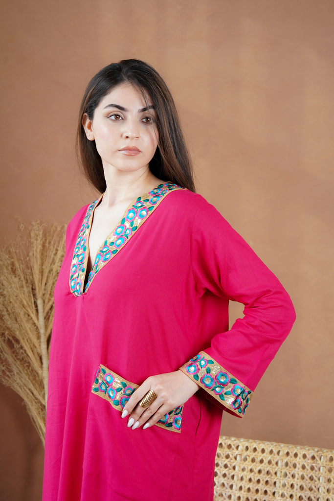 Cotton Mixed with Linen Pink Dress 