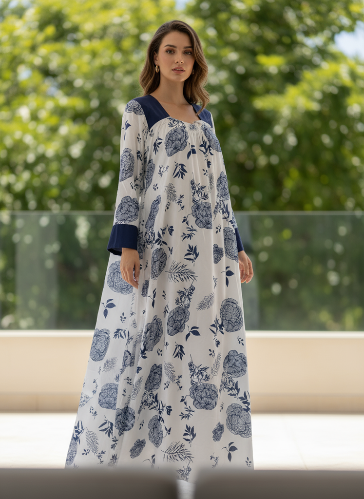 White and Navy Blue Cotton Dress 