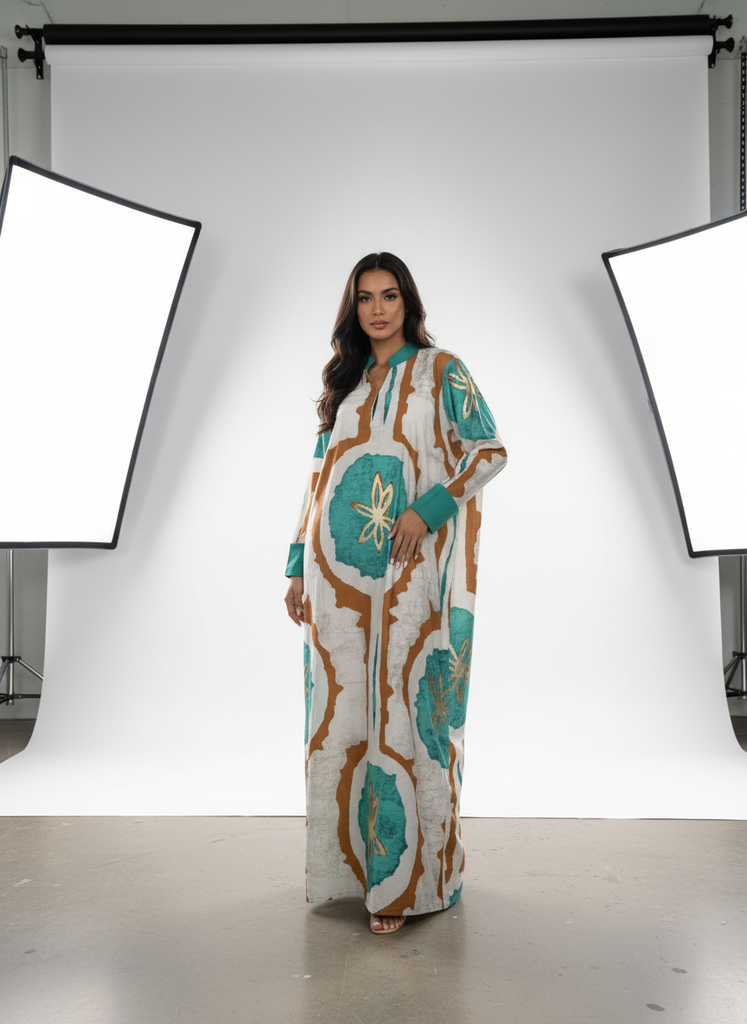 Green and Beige Cotton Dress [With Scarf]