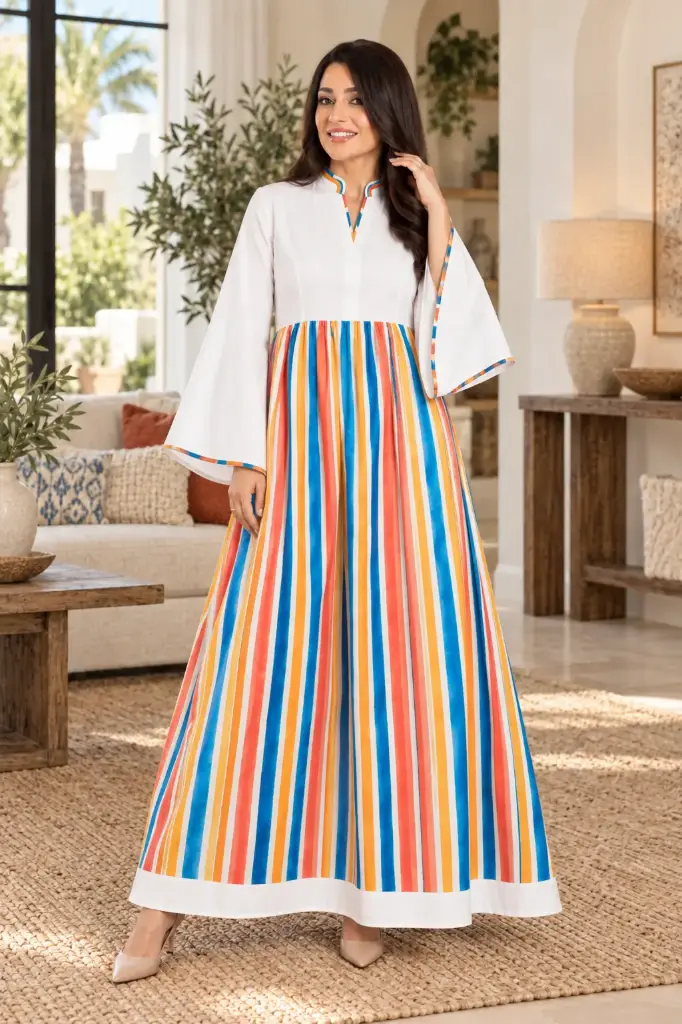 Linen Striped White and colorful Dress 