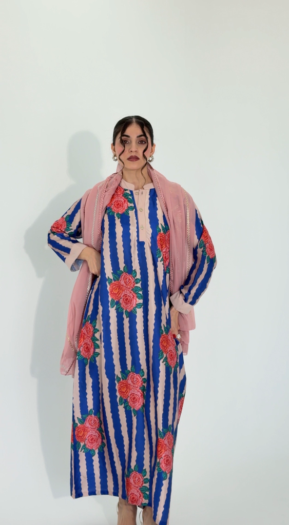 Blue Silk Linen Dress[With scarf]