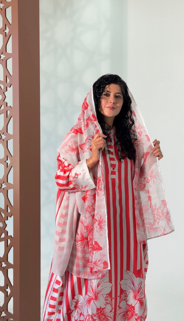 Off White & Red Silk Linen Dress[With scarf]