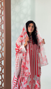 Off White & Red Silk Linen Dress[With scarf]