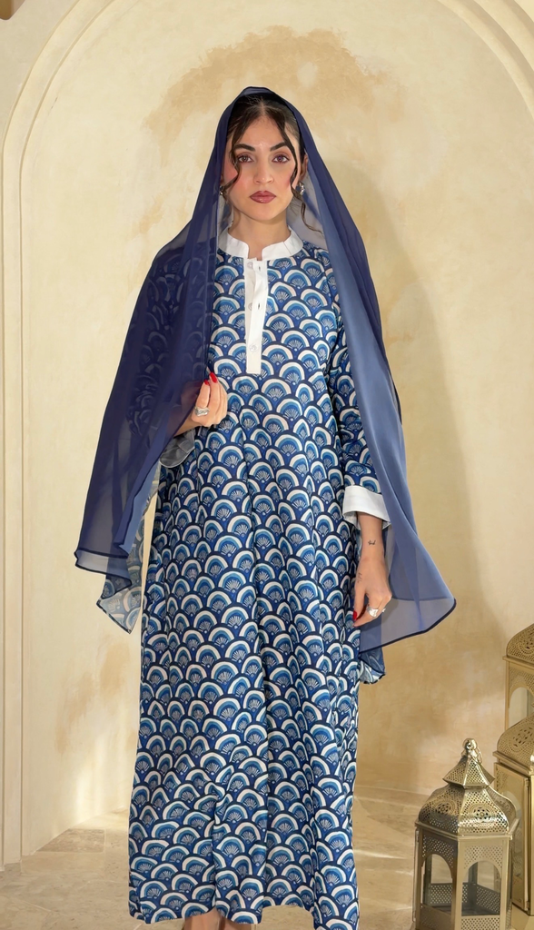 Navy Blue Linen Dress[With scarf] 