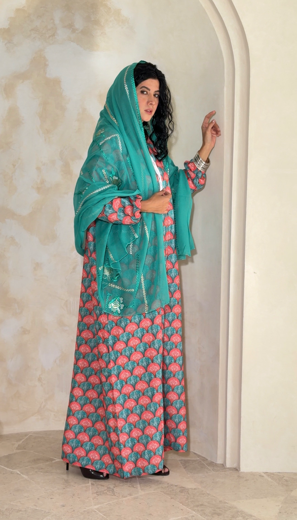 Green and Orange Linen Dress[With scarf] 