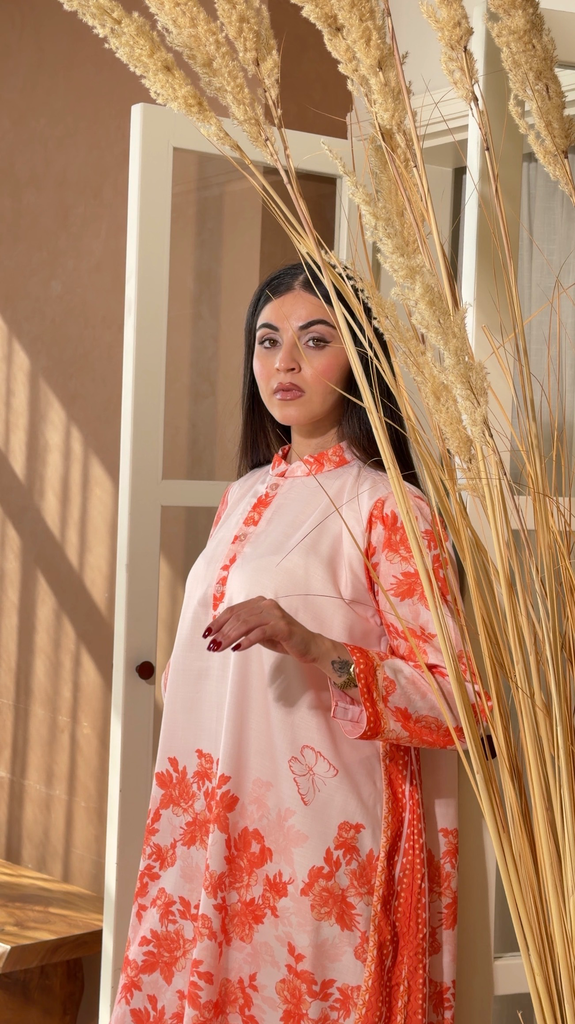 Orange and White Cotton Dress [With scarf]