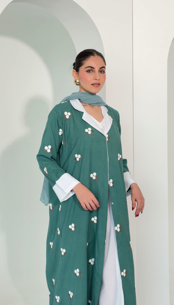 Blue Linen Abaya with[Inner Dress & scarf]