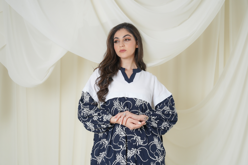 Navy Blue & white linen Dress