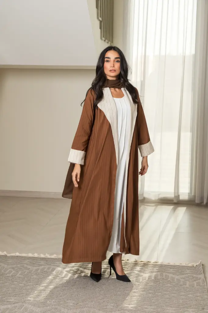 Brown & White Abaya Linen