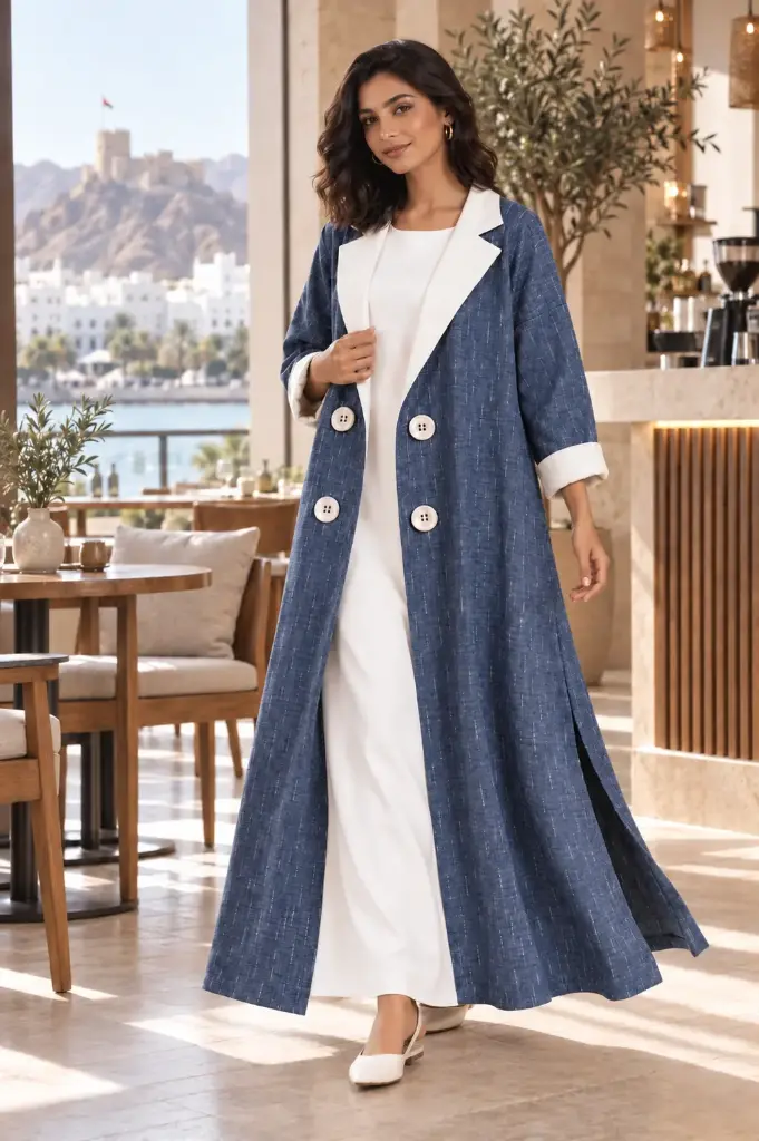 Navy Blue & White Linen Abaya  