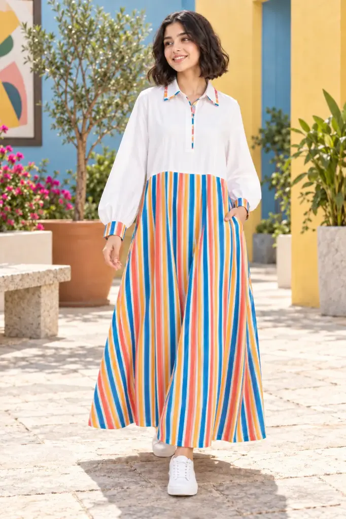 White and Striped Cotton Long Dress 