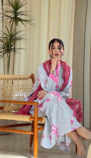Pink and Grey Linen Dress[With scarf]