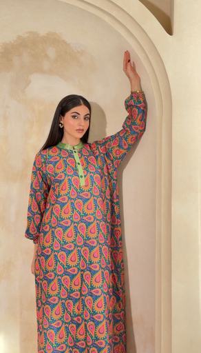 Green and Pink Cotton Dress [With scarf] 