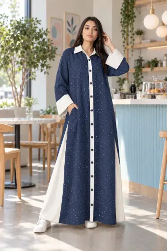 Jeans Navy Blue and White Abaya Set