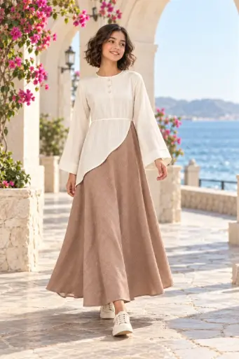Beige and White Long Dress