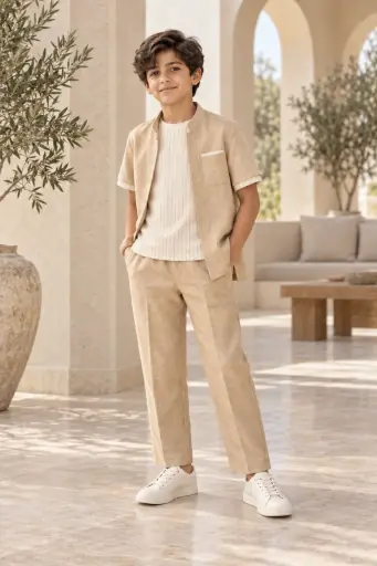 Beige 3 Piece Set (Top, Inner Shirt and Pant) 