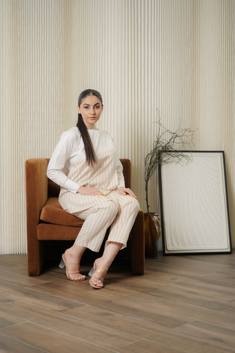 Cotton Beige & white Set ( Pant & Top )
